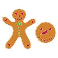 Christmas gingerbread man decorated colored icing. Holiday cookie in shape of man. Isolated vector objects on white background