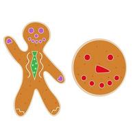 Christmas gingerbread cookies in the shape of a man and circle decorated colored icing. Isolated vector objects on white background