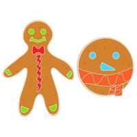 Christmas gingerbread man decorated colored icing. Holiday cookie in shape of man and circle. Isolated vector objects on white background