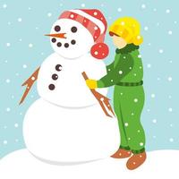 Cute little girl making snowman. Snowing. Vector color illustration in flat trendy style.