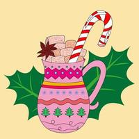 Christmas hot drink. Pink mug with Hot Chocolate Cocoa Marshmallows Candy Cane Stick. Holly in the background. Color vector illustration