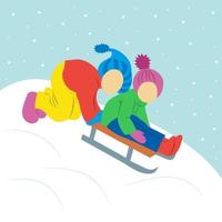 Children are sledding. Snowing. Vector illustration isolated.