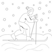 Dibujo de página para colorear el niño está esquiando. clima frío de invierno. Ilustración de vector de diseño plano de moda.