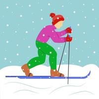 Boy skiing. Snowing. Winter cold weather. Trendy flat design vector illustration.