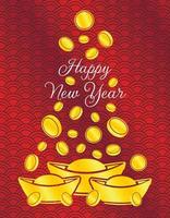 Greeting card with lettering happy chinese new year with gold coins and bars on red background with wave ornament vector