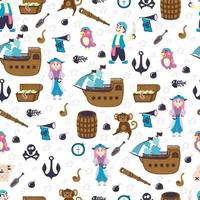 seamless pattern with cartoon little pirates, parrot, trumpet, fanfare, ship, flags, skull, bones, fish skeleton, bomb and anchor vector