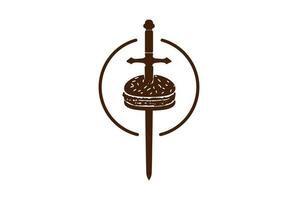 Hipster Retro Burger with Sword Blade for Cafe Restaurant Bistro Logo Design Vector