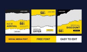 Editable minimal square sale fashion banner templates. Black and yellow background color. Suitable for social media post and web internet ads. Vector illustration