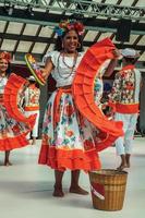 Nova Petropolis, Brazil - July 20, 2019. Brazilian female folk dancer performing a typical dance on 47th International Folklore Festival of Nova Petropolis. A rural town founded by German immigrants. photo