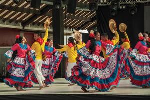 nova petropolis, brasil - 20 de julio de 2019. bailarines folclóricos colombianos realizando una danza típica en el 47o festival internacional de folklore de nova petropolis. una hermosa ciudad rural fundada por inmigrantes alemanes. foto
