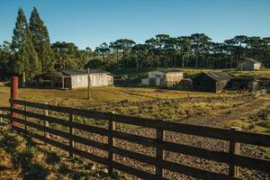 cambara do sul - brasil, 18 de julio de 2019. chozas en mal estado de un rancho con valla de madera en tierras bajas cubiertas por arbustos y árboles secos cerca de cambara do sul. foto