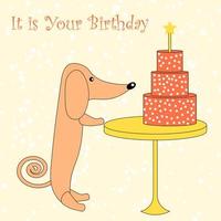Illustration, cute funny dachshund dog sniffing a cake on the table, lettering Happy birthday. Children's greeting card, sticker, print.
