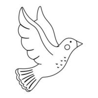 Vector lindo paloma voladora en blanco y negro con alas extendidas aisladas sobre fondo blanco. Ilustración de pájaro de contorno romántico. amor y concepto de contorno de pieza o carácter del día de San Valentín para niños.