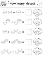 Saint Valentine day black and white counting game with kisses and cupid. Holiday activity for preschool children with love theme. Educational printable math worksheet. Addition outline puzzle for kids vector