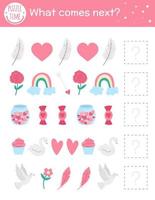 What comes next. Valentine day matching activity for preschool children with traditional holiday symbols. Funny educational puzzle. Logical quiz worksheet. Continue the row. Simple game for kids vector