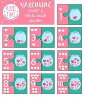 Vector Saint Valentine day mix and match puzzle with traditional holiday symbols. Matching math activity for preschool children. Educational printable counting game for kids with hearts in jar