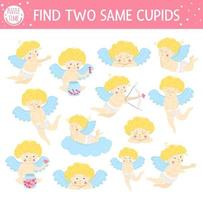 Find two same cupids. Holiday matching activity for children. Funny educational Saint Valentine day logical quiz worksheet for kids. Simple printable game with love theme vector