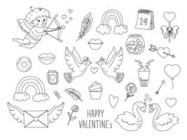 vector conjunto de símbolos del día de San Valentín de contorno. colección de lindos personajes y objetos en blanco y negro con concepto de amor. Cupido, palomas, corazones y cisnes aislados sobre fondo blanco.