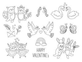 Vector collection of cute black and white animal pairs. Loving couples illustration. Love relationship or family outline concepts set. Hugging swans, cats, rabbits, owls. Valentine day characters