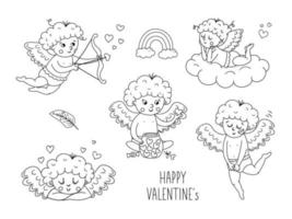 colección de vectores de lindos cupidos en blanco y negro. con personajes divertidos del día de San Valentín de contorno. arte de línea aman a los ángeles con alas, arco y flecha, recostados sobre una nube. paquete de querubines juguetones