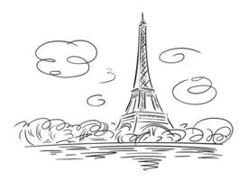 Sketch of the Eiffel Tower on the background of the river. Vector hand illustration