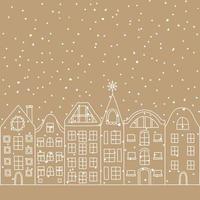 Winter european city landscape vector illustration. Scandinavian architecture line drawing. Buildings skyline. Row of houses design for card, banner, invitation.