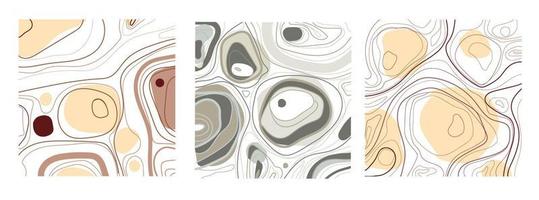 Set of three abstract backgrounds. Hand-drawn in various simple shapes, lines and spots in pastel colors. Modern vector illustration. Each background is isolated on white. Artistic wall design.