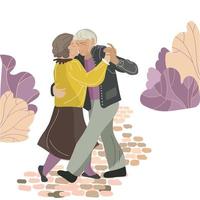Active old couple dancing in the park vector illustration. Happy elderly woman and man walking and dancing embracing.Vector illustration