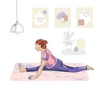 mujer haciendo estiramientos en casa sobre una alfombra en el suelo. mujer adulta sentada en un cordel en casa. concepto de vida diaria saludable, ilustración de dibujo vectorial, dibujo a mano