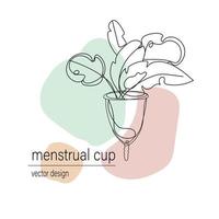 Eco friendly menstrual cup with plant leaves, hand drawing in outline contour style with pastel abstract spots.Eco product of feminine intimate hygiene.Continuous line vector illustration.