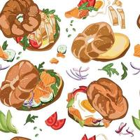 Bagel de patrones sin fisuras sobre un fondo blanco.Sándwich de bagel con salmón, pollo, huevo, aguacate y verduras, dibujado a mano en un estilo de dibujos animados realista.