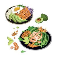 Plates with healthy food, fried egg with avocado rice and shrimps, asparagus with shrimp chickpeas and carrots with lime, isolated on white background.Food for breakfast, lunch or dinner, Vector