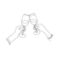 Vector outline illustration Wine glasses in female hands on a white background.Hand drawing sketch in modern Minimalist style, hand with glass.Great design for print