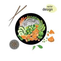 Vista superior del poke bowl con salmón y aguacate, arroz, judías verdes y otras verduras, dibujadas en estilo doodle y aisladas sobre fondo blanco.Ilustración de vector de comida sana