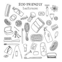 Zero waste lifestyle, vector hand drawn set in outline doodle style. Collection of eco and natural items for and personal hygiene for men and women.Go to the green concept. Isolated objects