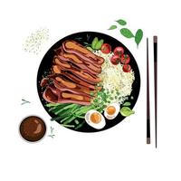 tazón de fuente de arroz de filete de carne teriyaki con una rama de tomates, huevo y espárragos, vista superior, dibujo a mano en estilo de dibujos animados realista, aislado sobre fondo blanco.Ilustración de vector de comida asiática