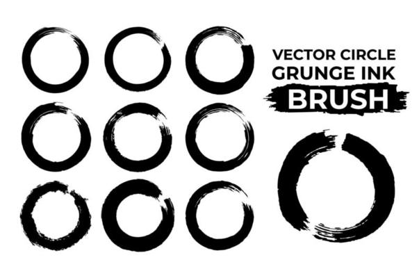Grunge circle ink brush vector set, enso dry brush circle stroke brush set