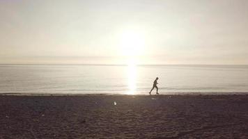 Joven atleta corredor hombre con entrenamiento corporal fuerte en forma en la hermosa puesta de sol en la playa video