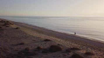 homem correndo na praia. tiro orbital com drone video