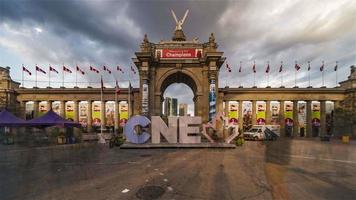 4K Timelapse Sequence of Toronto, Canada - The Princes Gates is a triumphal arch monumental gateway at Exhibition Place during the CNE at Sunset