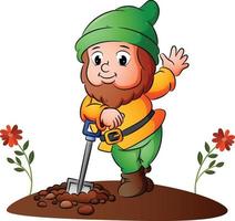 The dwarf is digging the ground and posing with the shovel vector