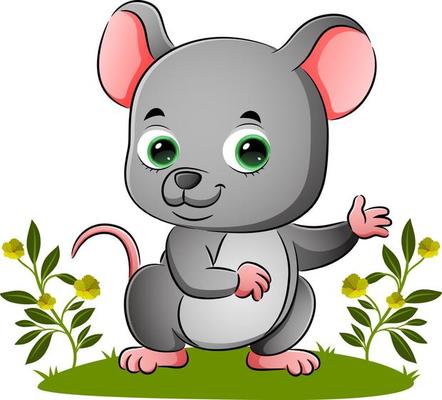The cute mouse is gesturing the hand in the garden