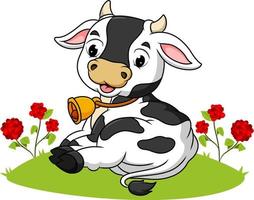 The cute cow is laying on the grass vector