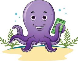 The happy octopus is holding the new smart phone with the tentacle Print vector