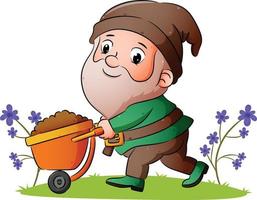 The dwarf is pulling the wheelbarrow with full of ground vector