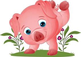 The cute pig is doing the handstand in the garden vector