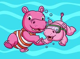 la pareja de hipopótamos nadando juntos bajo el agua vector