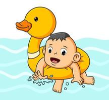 The baby boy is swimming with the duck tire in the pool vector