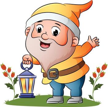 The happy dwarf is holding the lantern with the lamp vector