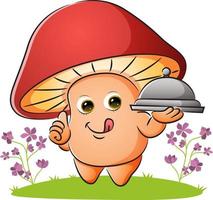 The mushroom is holding the food cover with the delicious taste vector